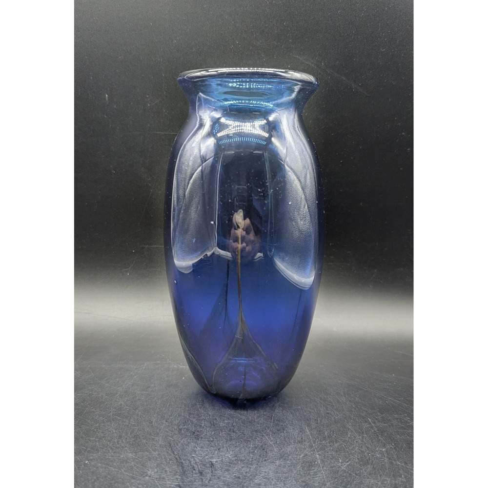 Mayer 95 Signed Hand Blown Cobalt Blue Art Glass Vase Internal Swirl Design